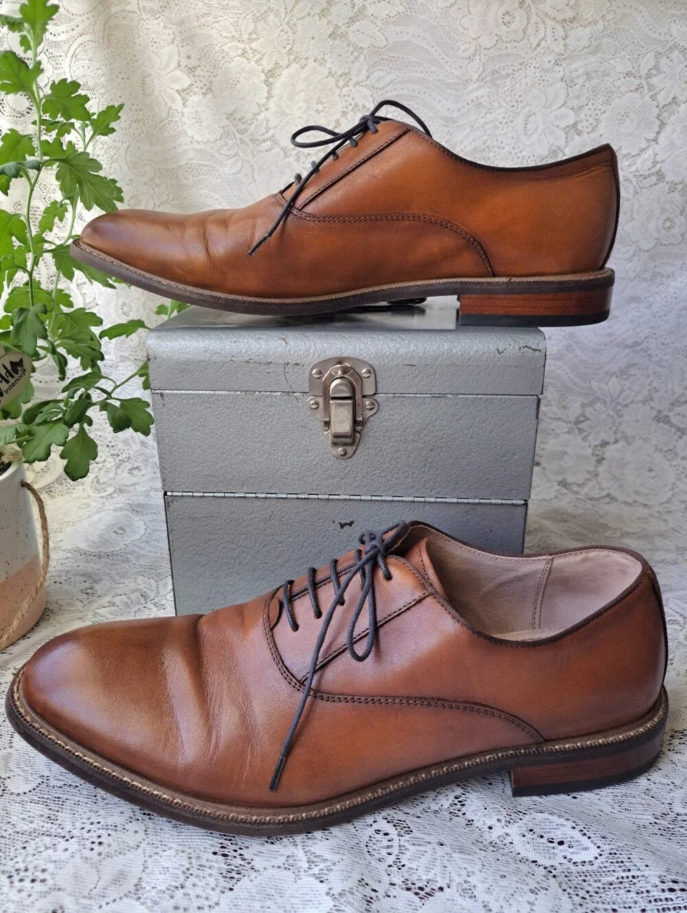 Aston Grey Leu Men's Oxford Dress Shoes Cognac Brown Leather Lace Up Size 11